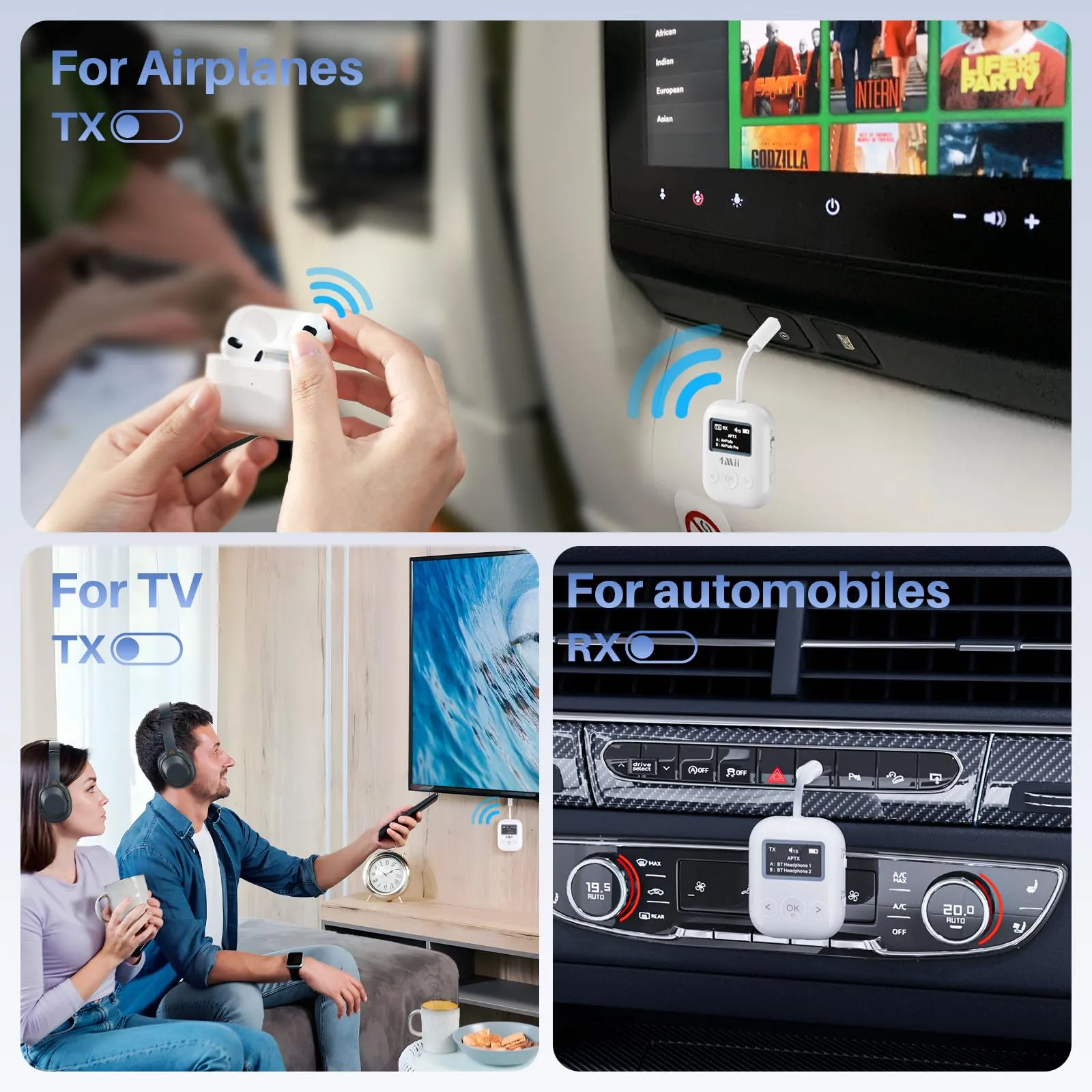 1Mii SafeFly Min  Bluetooth Transmitter and Receiver,Bluetooth Adapter for Airplane, 2 Devices can be Linked,Use with Any 3.5mm Jack on Airplanes, Gym Equipment, TVs,Old Audio and Auto-2024Upgraded