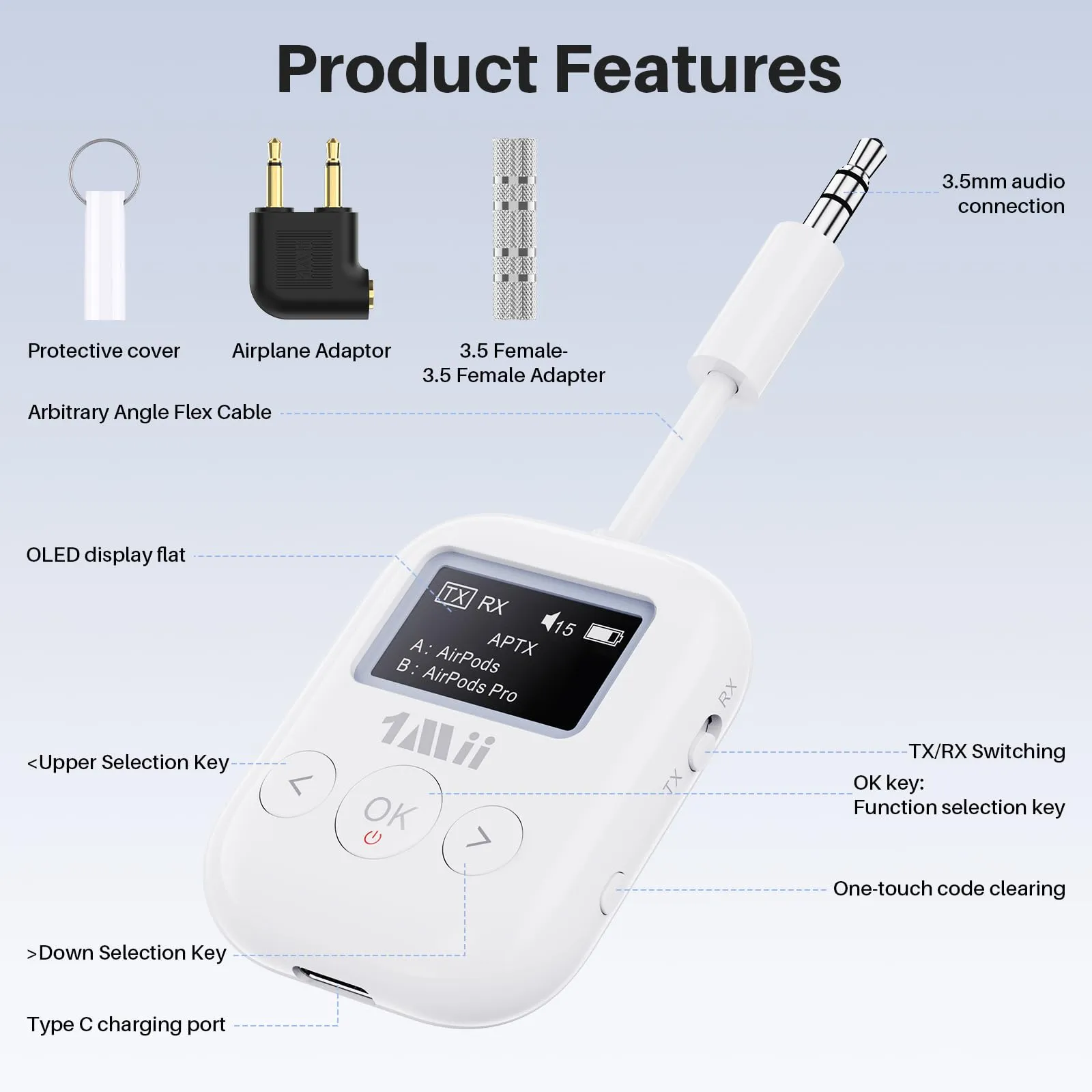 1Mii SafeFly Min  Bluetooth Transmitter and Receiver,Bluetooth Adapter for Airplane, 2 Devices can be Linked,Use with Any 3.5mm Jack on Airplanes, Gym Equipment, TVs,Old Audio and Auto-2024Upgraded