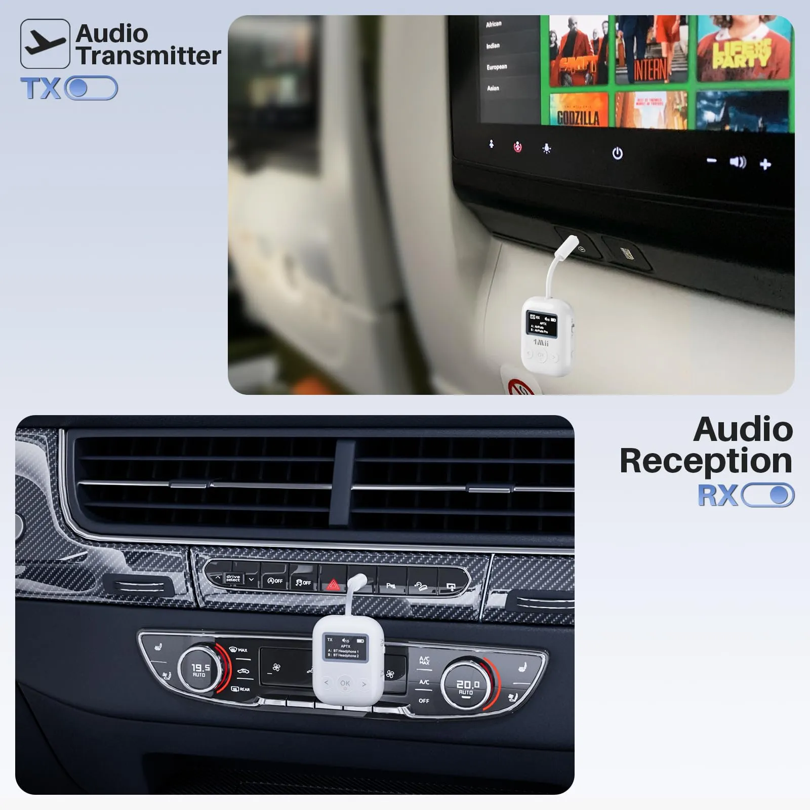 1Mii SafeFly Min  Bluetooth Transmitter and Receiver,Bluetooth Adapter for Airplane, 2 Devices can be Linked,Use with Any 3.5mm Jack on Airplanes, Gym Equipment, TVs,Old Audio and Auto-2024Upgraded