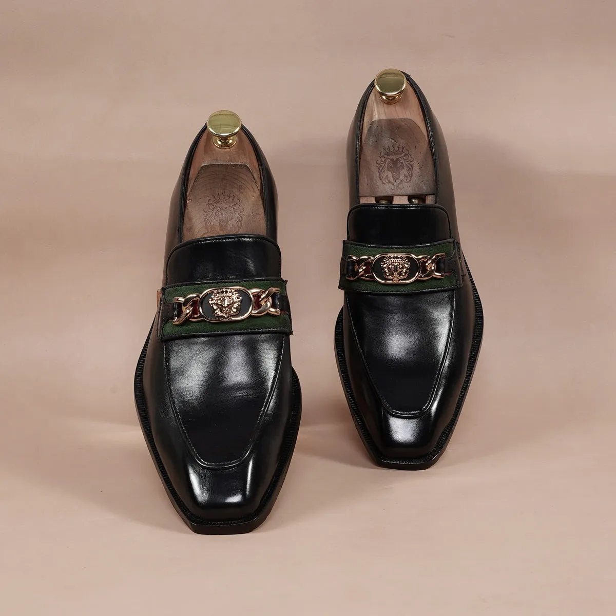 Black Cuban Heel Leather Slip-On with Trademark Chain Logo