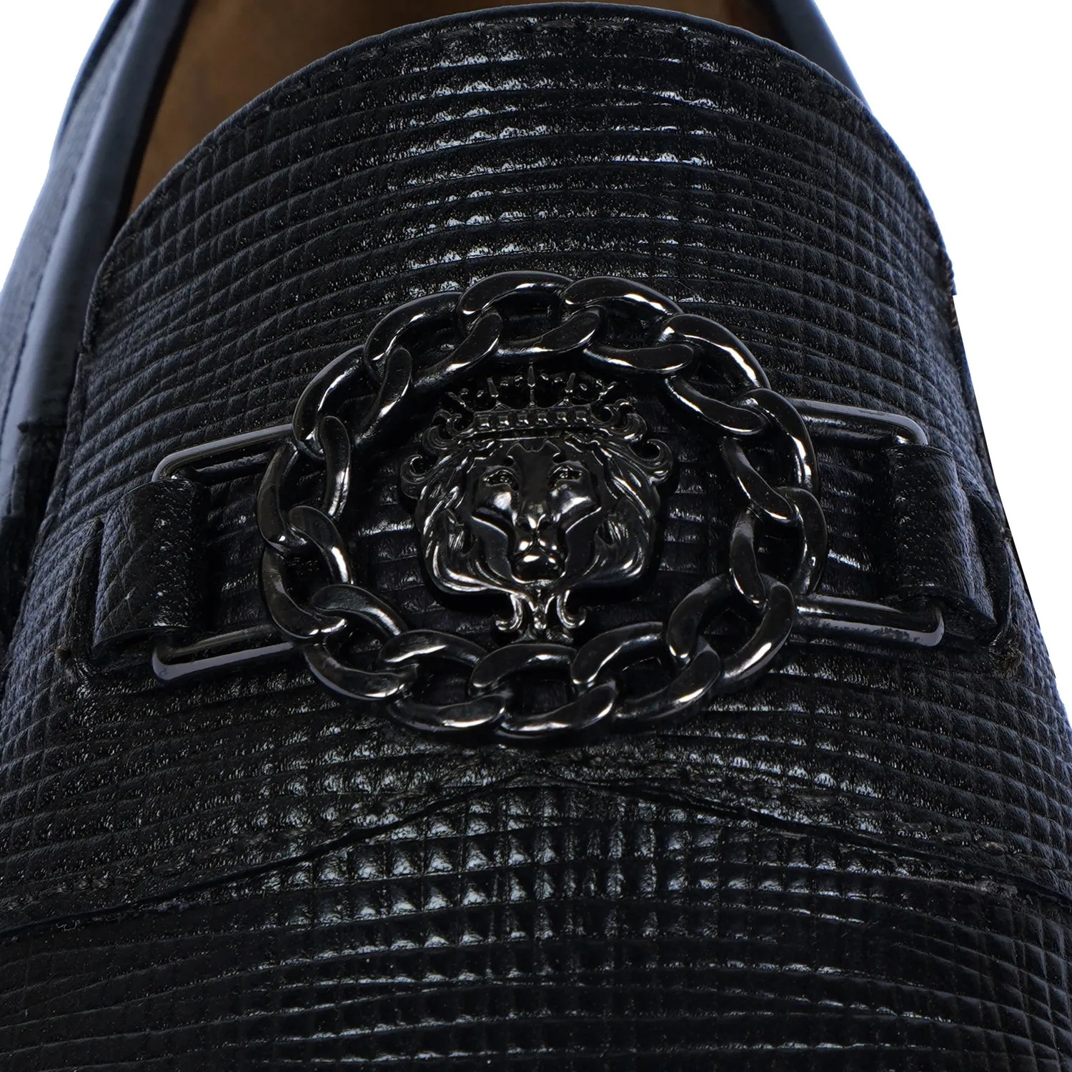 Black Saffiano Leather Loafer with "Brune & Bareskin" Chain Embellishment Lion Logo