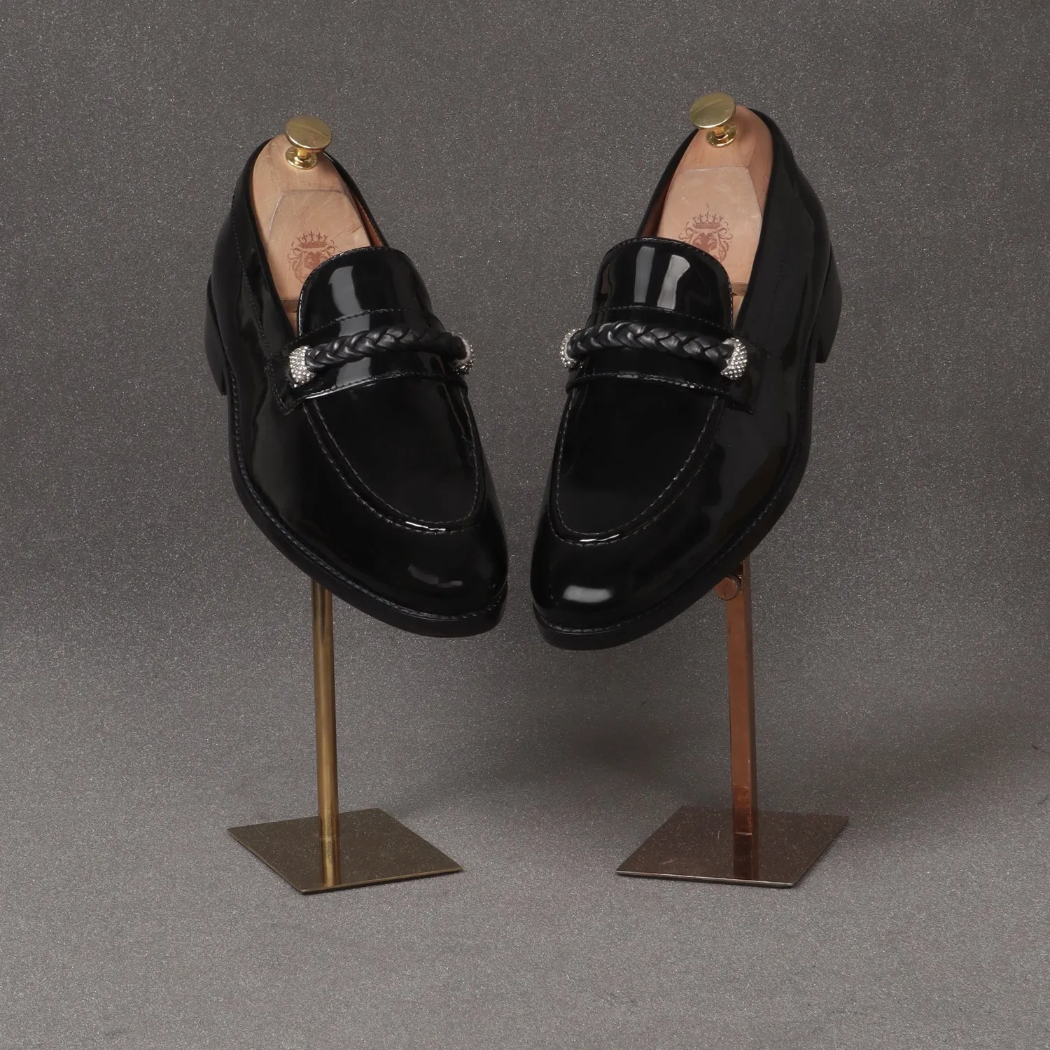 Crystal Beads Embellishments Loafers in Black Patent Leather