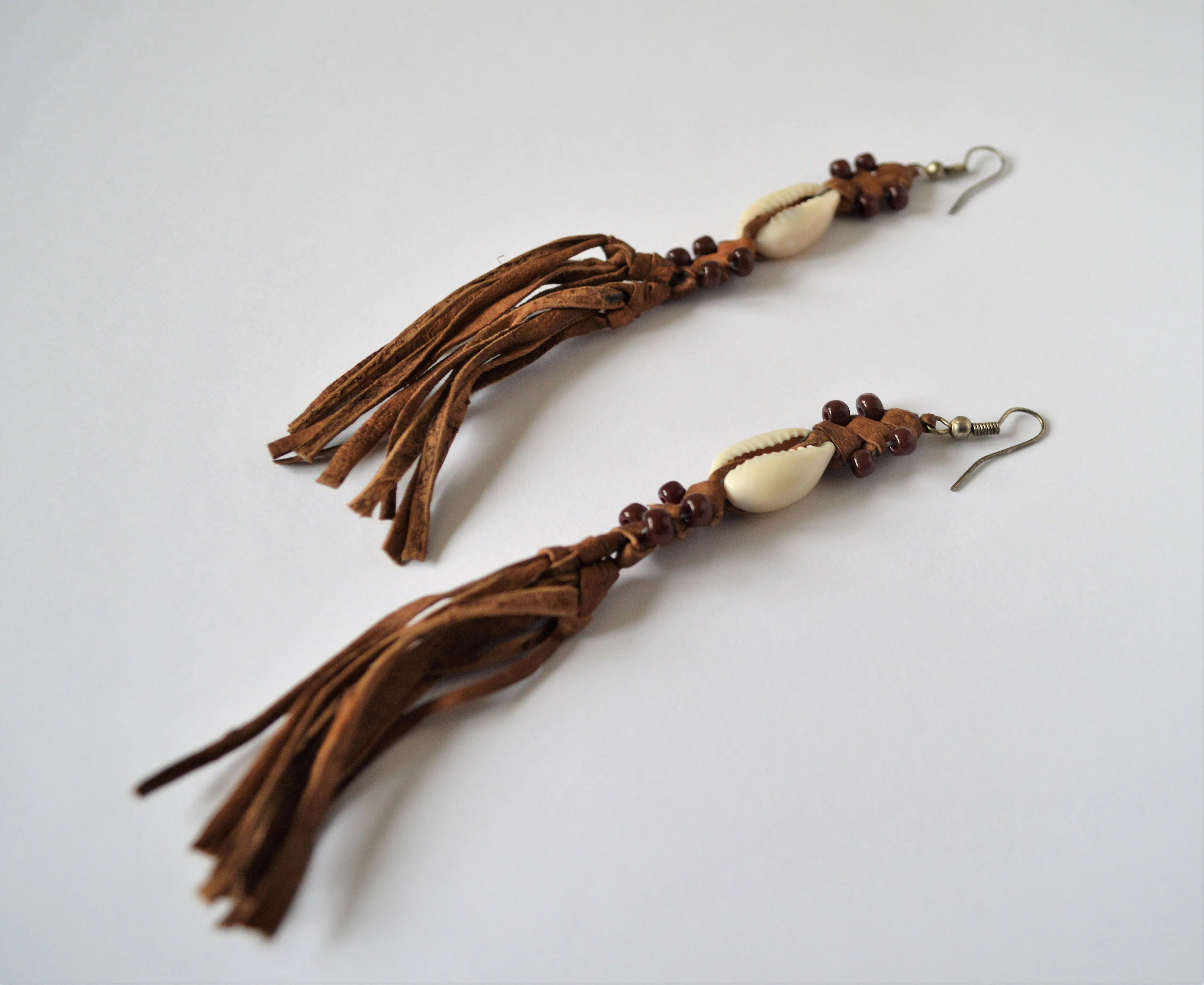 Dangling leather earrings brown beads, African boho earrings
