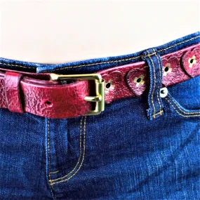 Distressed Antique Red Vintage Leather Belt with Hearts, Brass Rivets and Buckle