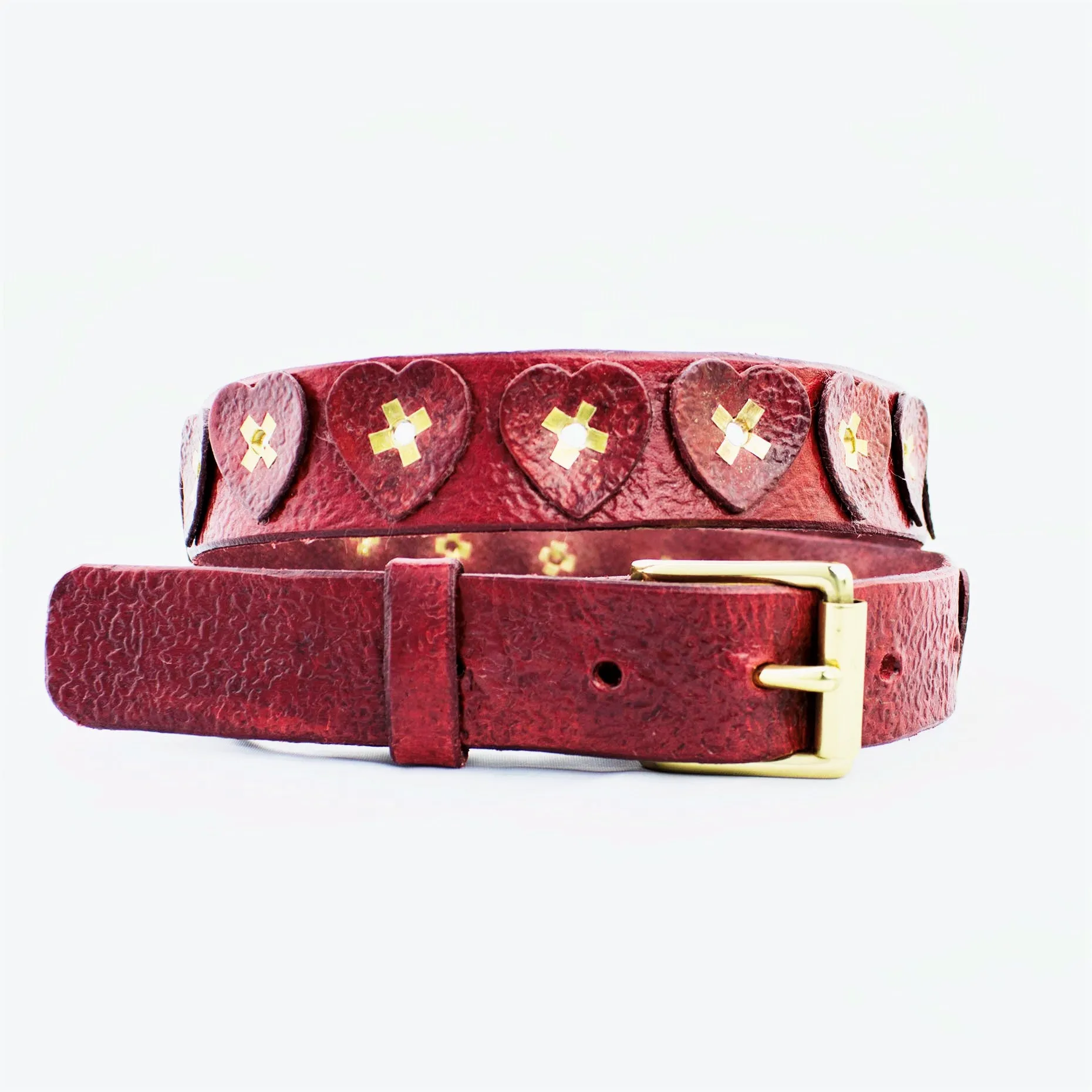 Distressed Antique Red Vintage Leather Belt with Hearts, Brass Rivets and Buckle