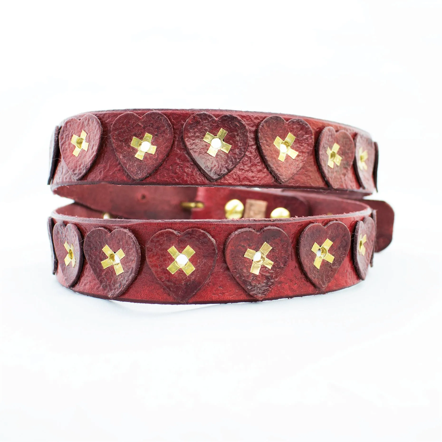 Distressed Antique Red Vintage Leather Belt with Hearts, Brass Rivets and Buckle