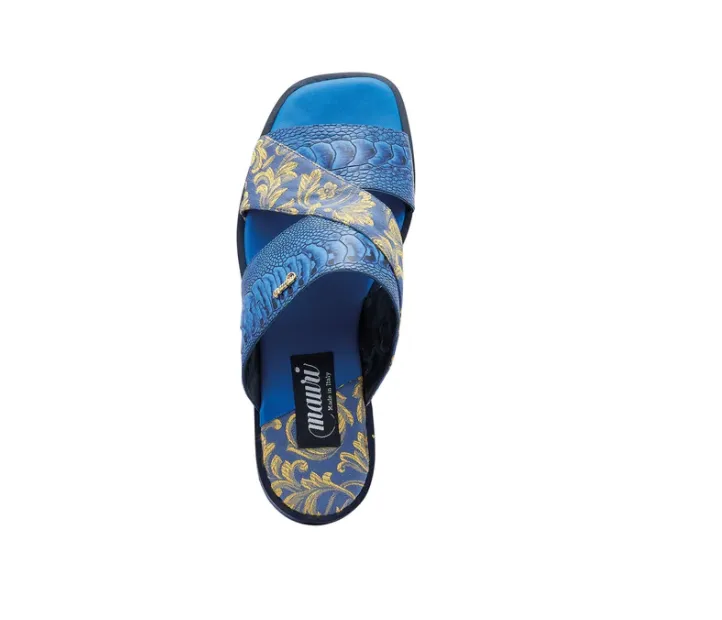 Mauri 5140 New Blue/Gold Cancus Ostrich Leg   Fabric Sandal