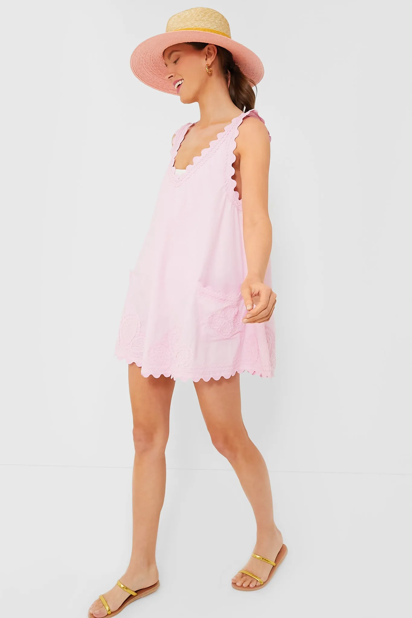 Pale Pink Poplin Low Back Dress with Ric Rac Embroidery