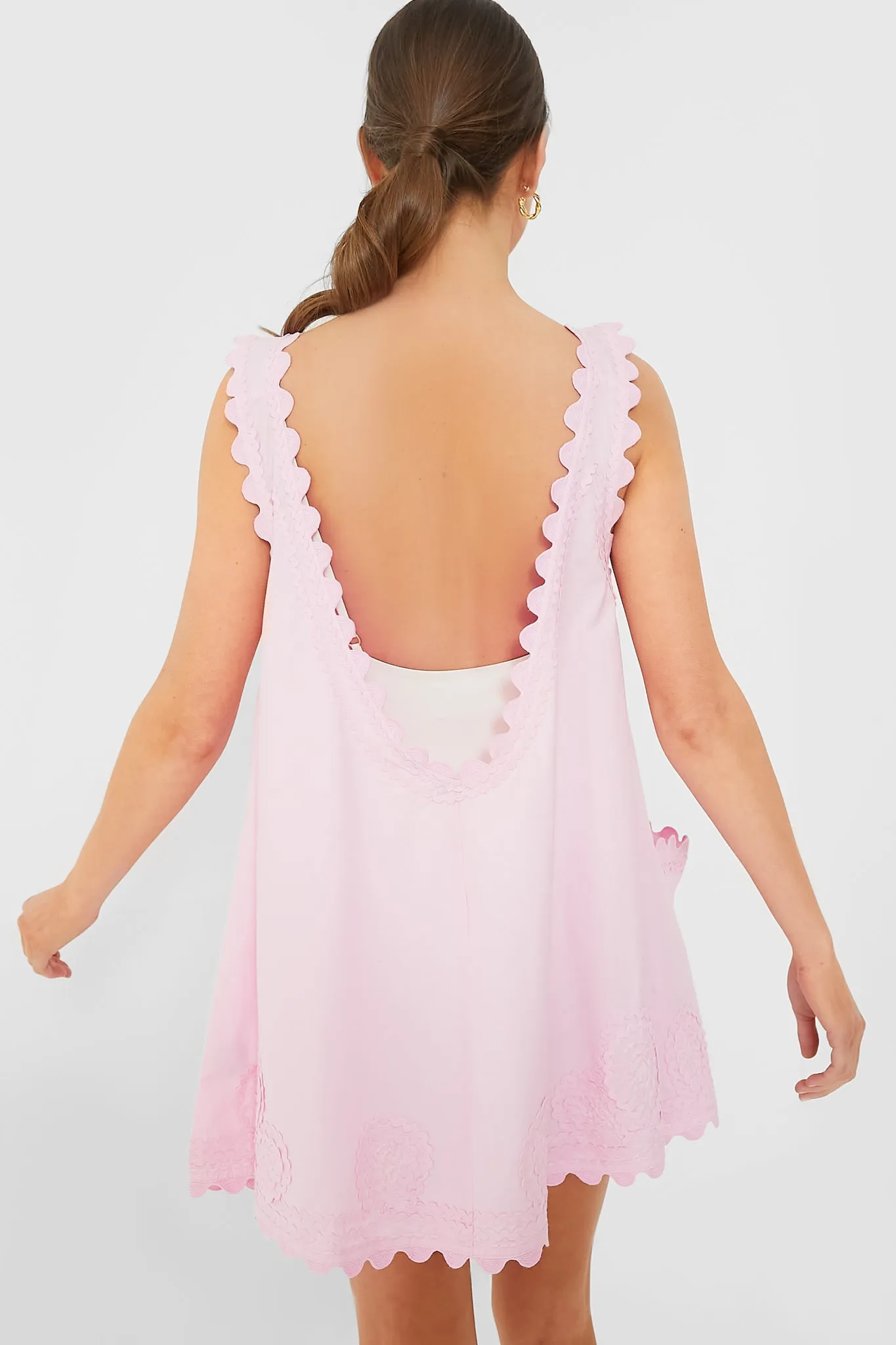Pale Pink Poplin Low Back Dress with Ric Rac Embroidery