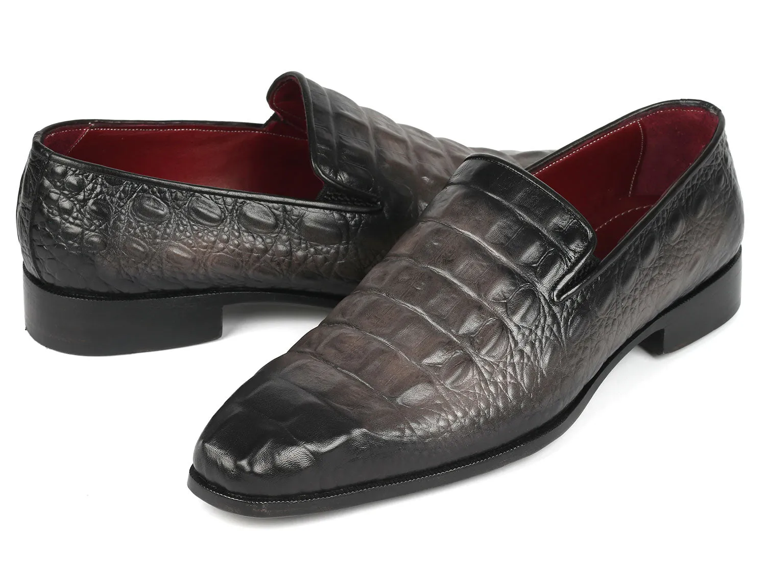 Paul Parkman Gray Crocodile Embossed Calfskin Loafers