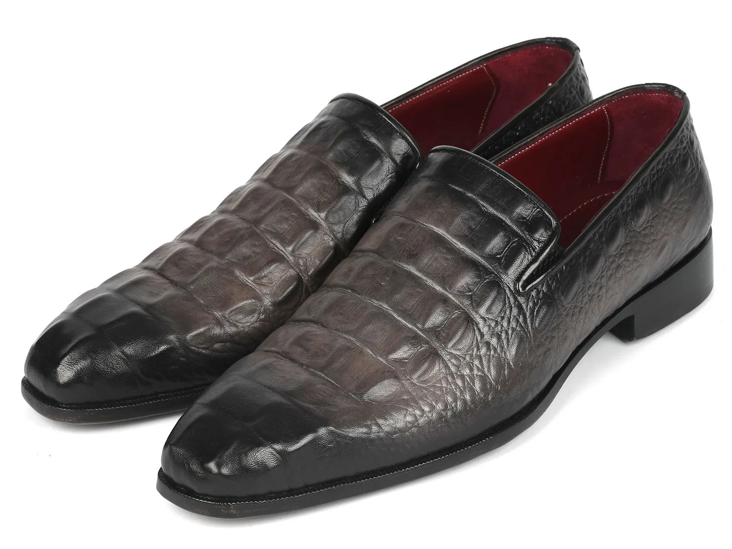 Paul Parkman Gray Crocodile Embossed Calfskin Loafers