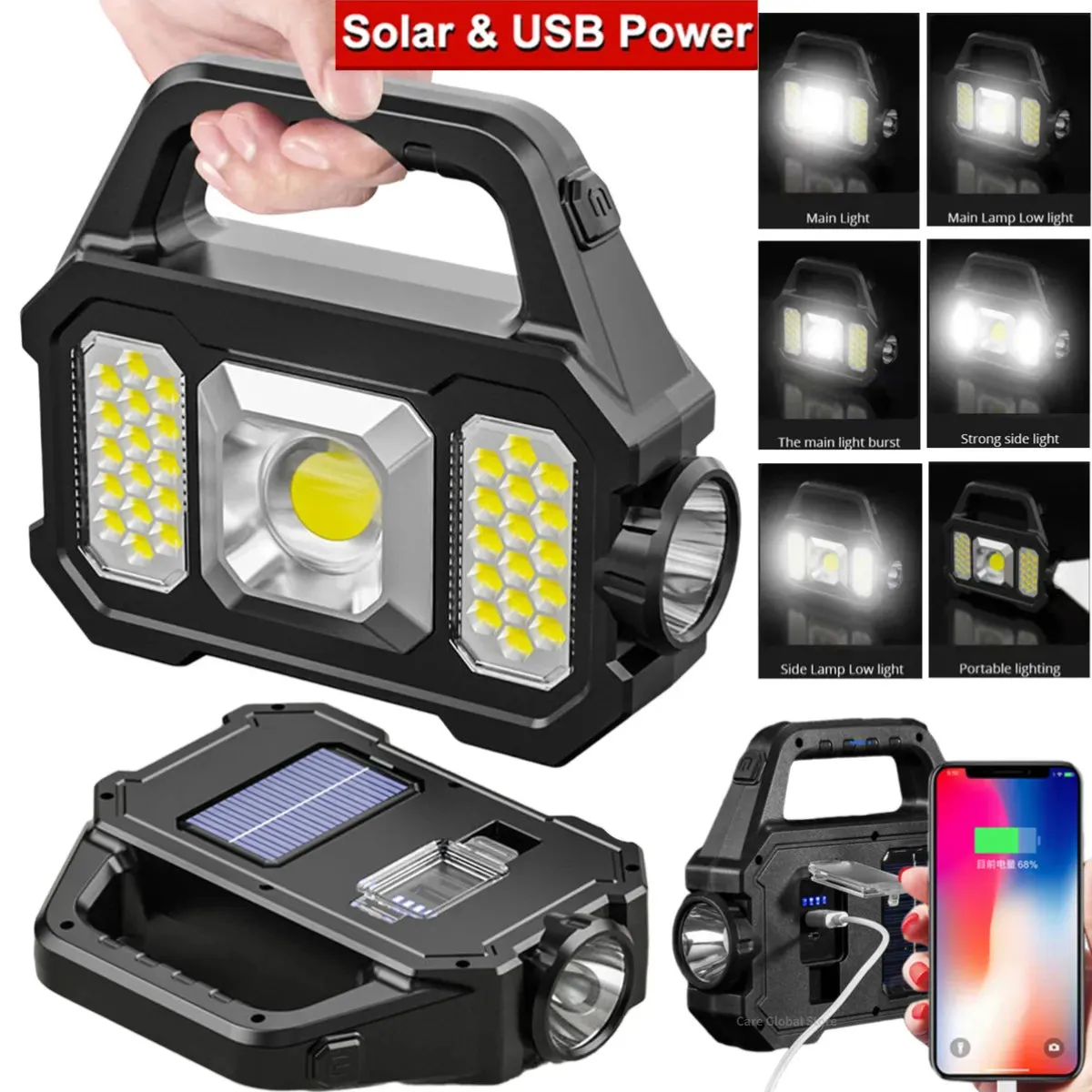 Portable Powerful Solar LED Flashlight With COB Work Lights USB Rechargeable Handheld  LED Outdoor Camping Solar Torch Light