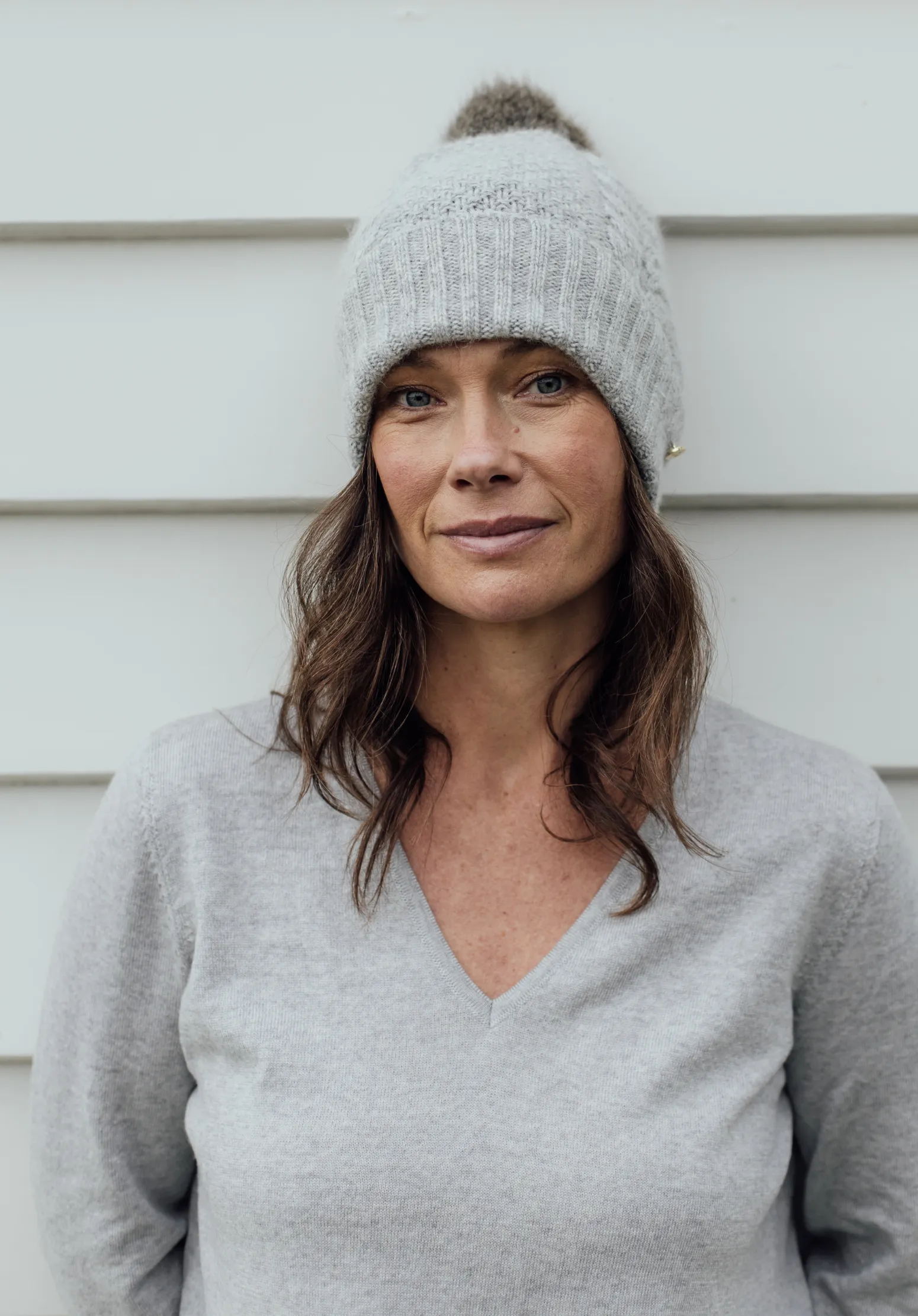 Possum Pom Pom Cable Beanie - Dove Grey