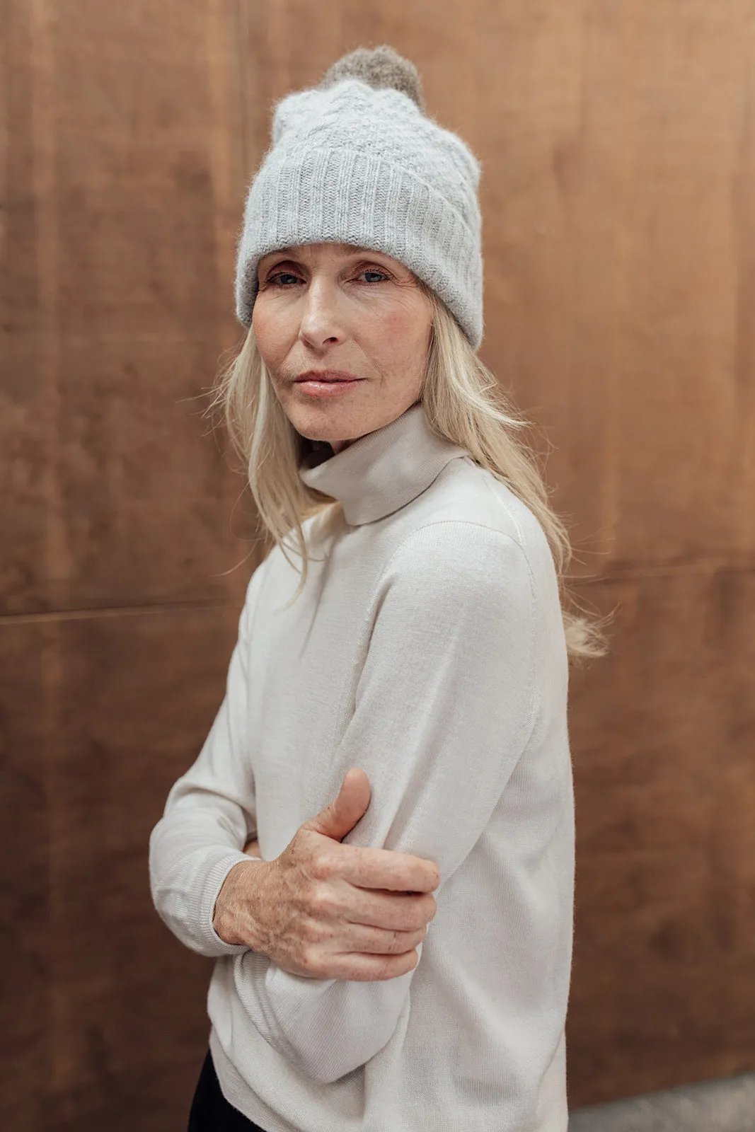 Possum Pom Pom Cable Beanie - Dove Grey