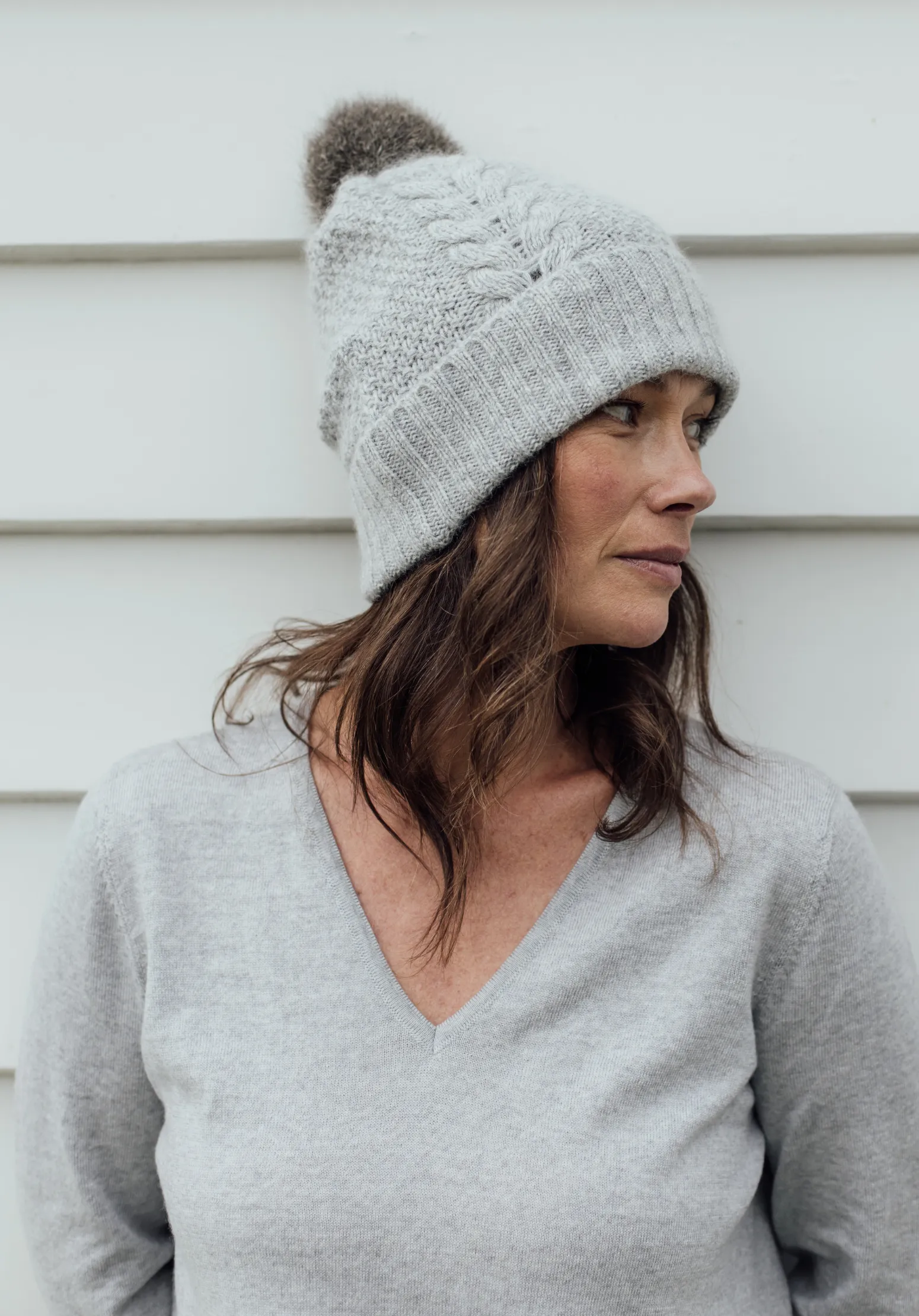 Possum Pom Pom Cable Beanie - Dove Grey