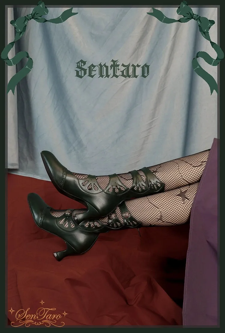 Sentaro~Floral Carved~Vintage Lolita Shoes Mary Jane Hollow-out Ankle Boots