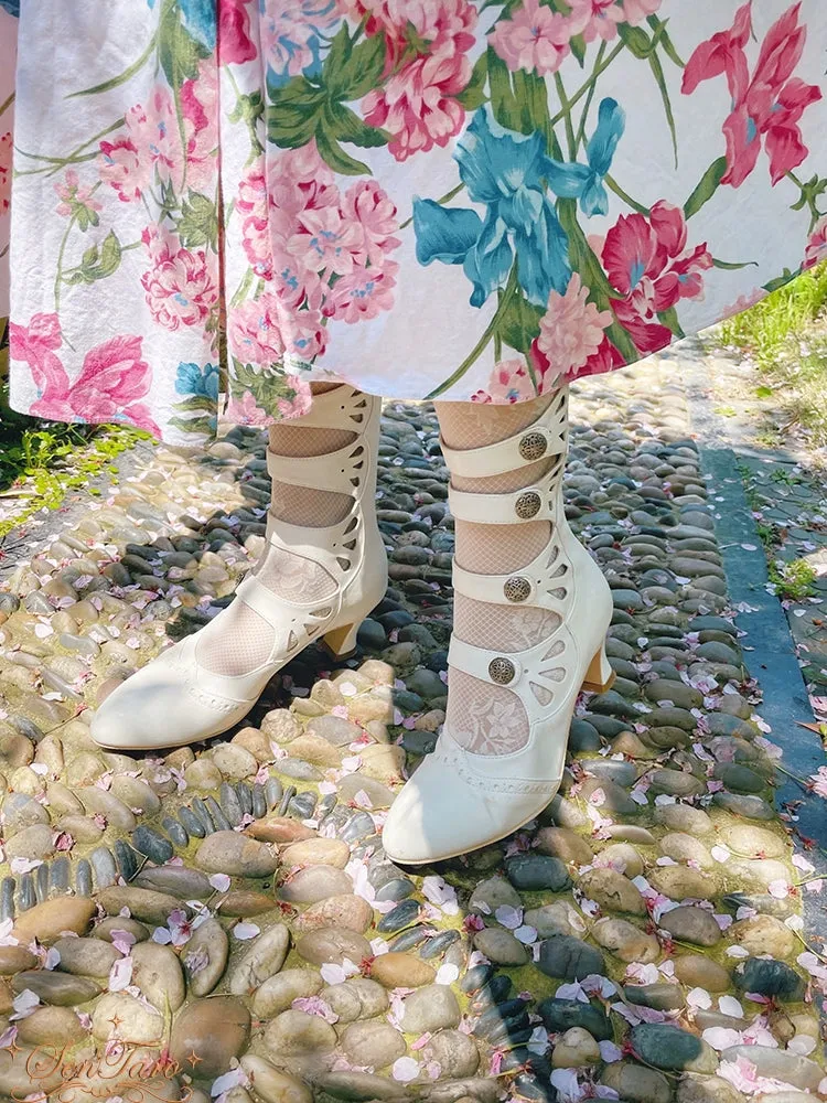 Sentaro~Floral Carved~Vintage Lolita Shoes Mary Jane Hollow-out Ankle Boots