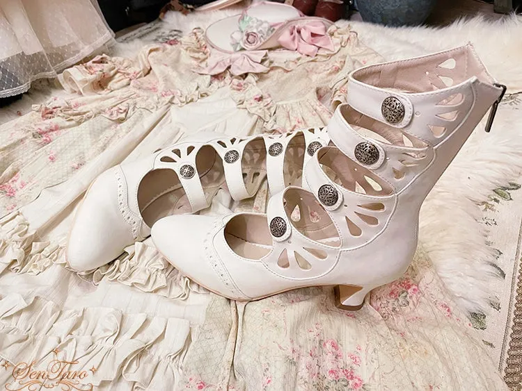 Sentaro~Floral Carved~Vintage Lolita Shoes Mary Jane Hollow-out Ankle Boots