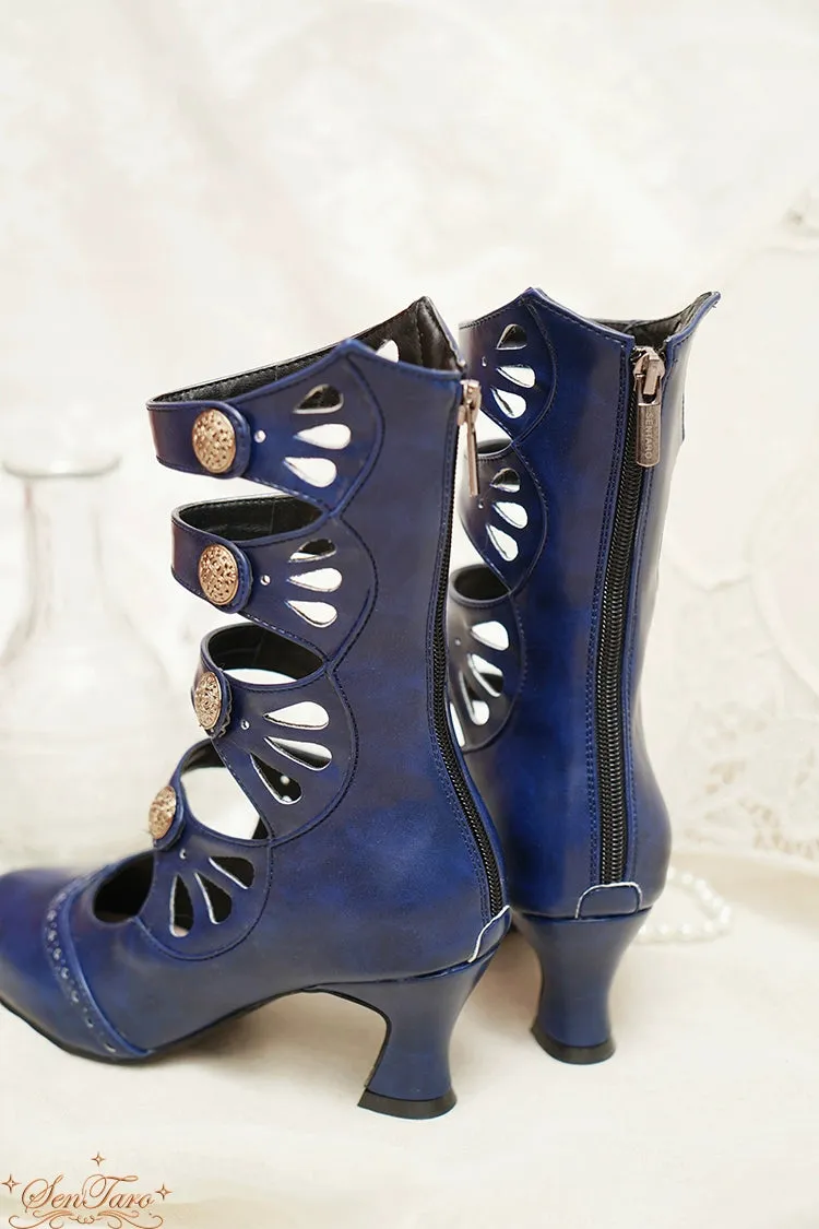 Sentaro~Floral Carved~Vintage Lolita Shoes Mary Jane Hollow-out Ankle Boots