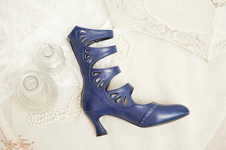 Sentaro~Floral Carved~Vintage Lolita Shoes Mary Jane Hollow-out Ankle Boots