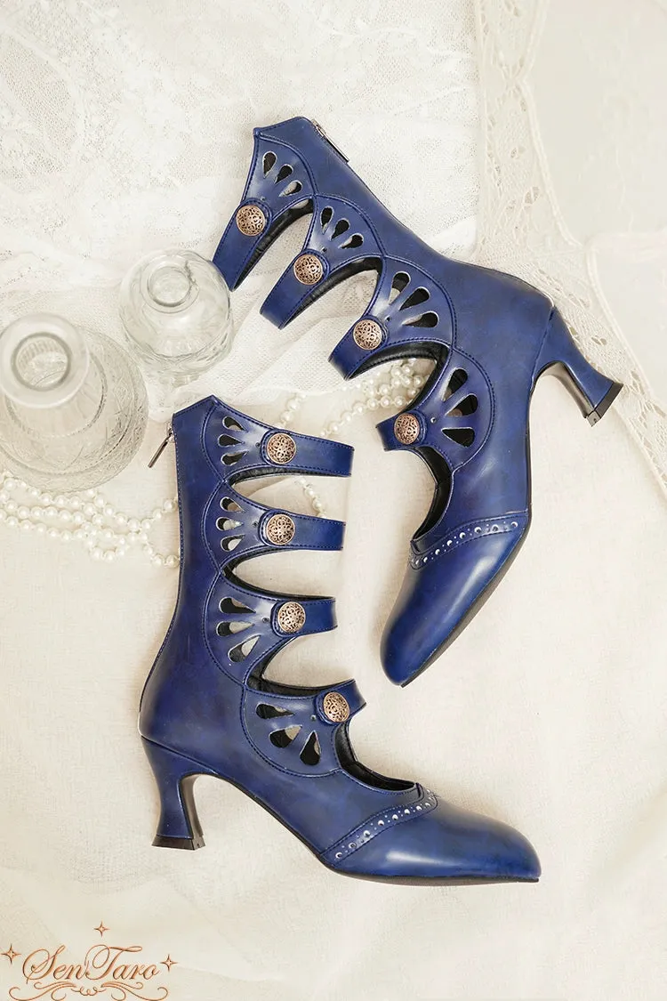 Sentaro~Floral Carved~Vintage Lolita Shoes Mary Jane Hollow-out Ankle Boots