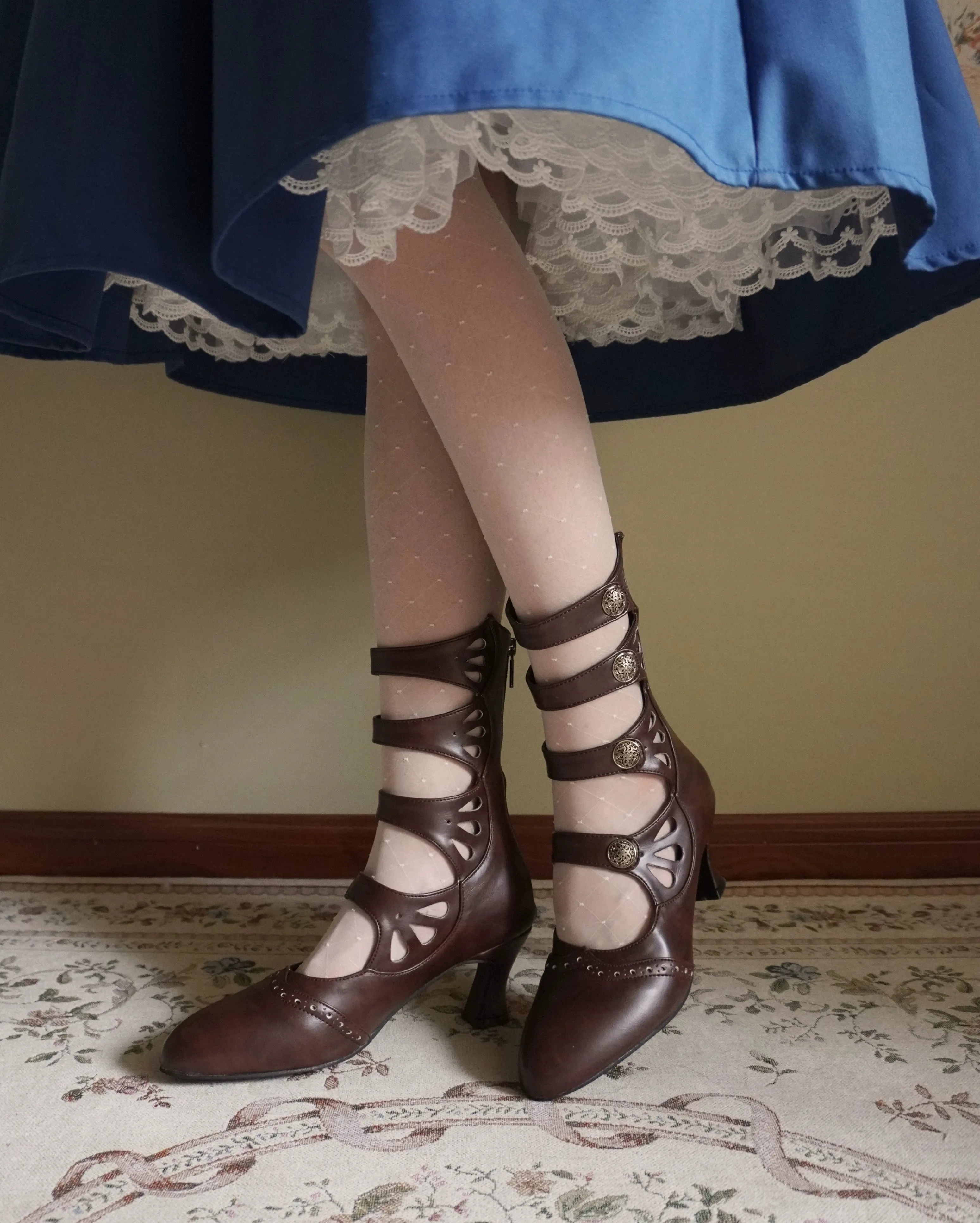 Sentaro~Floral Carved~Vintage Lolita Shoes Mary Jane Hollow-out Ankle Boots