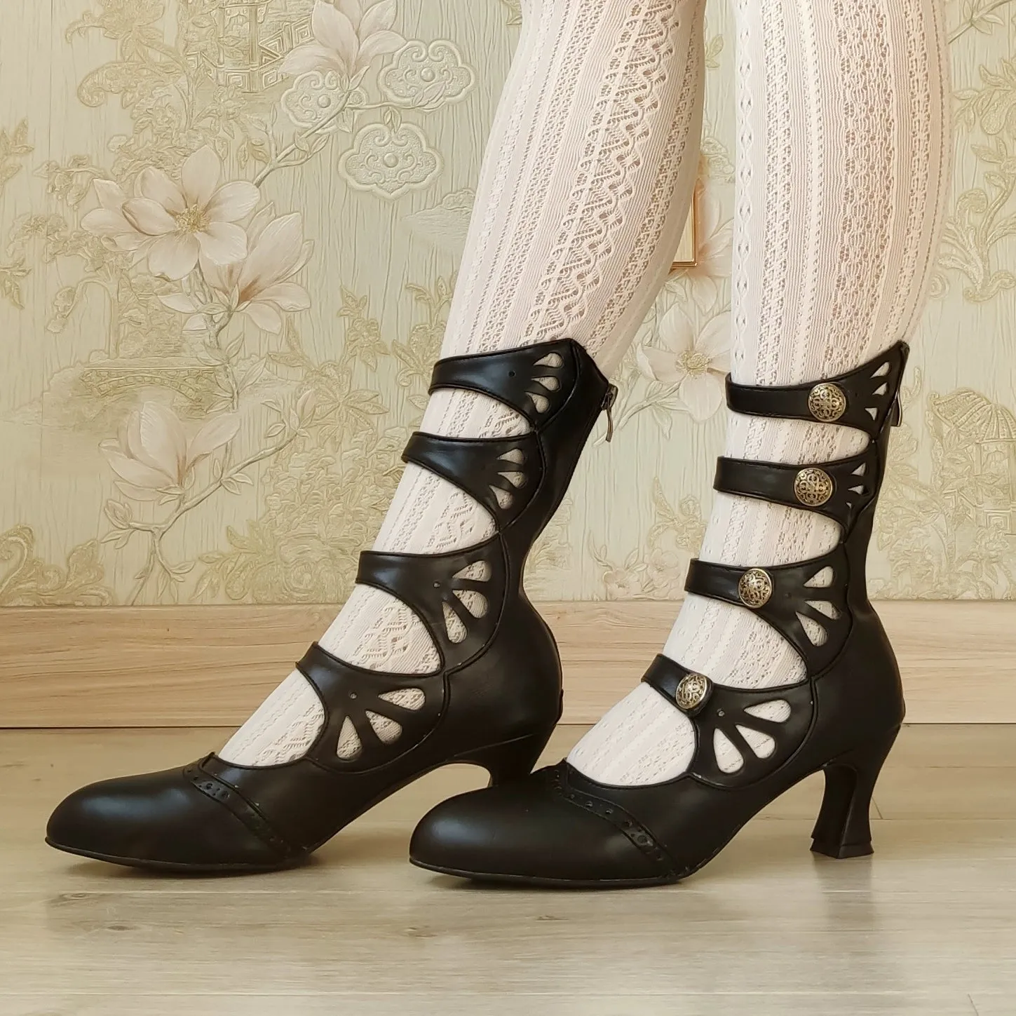 Sentaro~Floral Carved~Vintage Lolita Shoes Mary Jane Hollow-out Ankle Boots