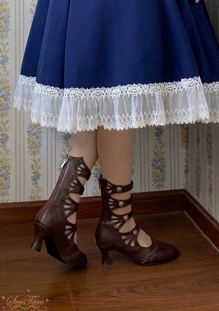 Sentaro~Floral Carved~Vintage Lolita Shoes Mary Jane Hollow-out Ankle Boots