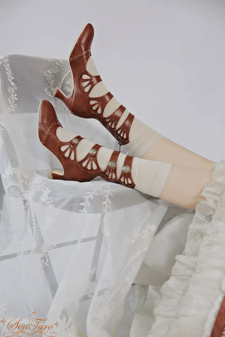 Sentaro~Floral Carved~Vintage Lolita Shoes Mary Jane Hollow-out Ankle Boots