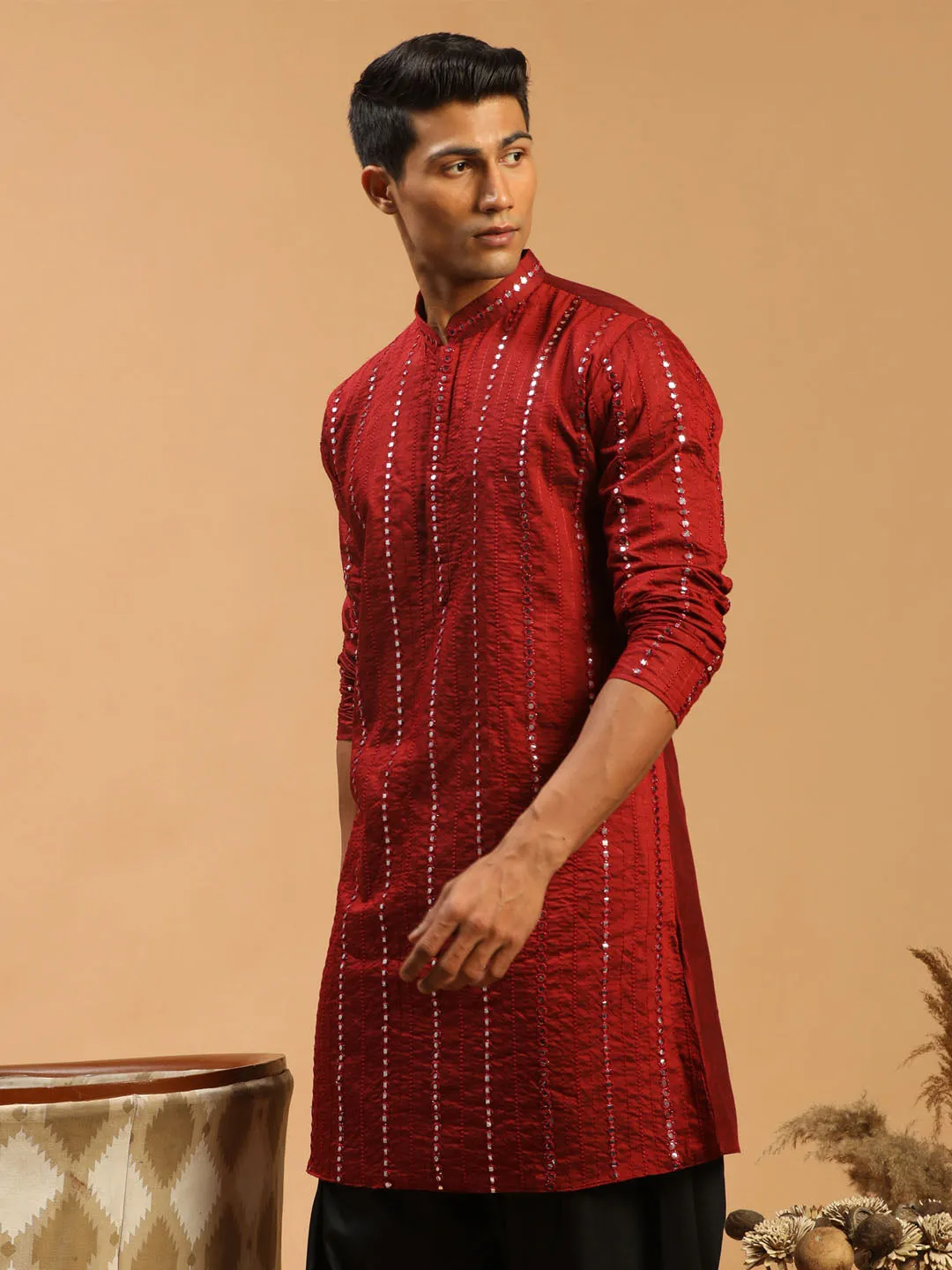SHRESTHA By VASTRAMAY Men's Maroon Mirror Kurta