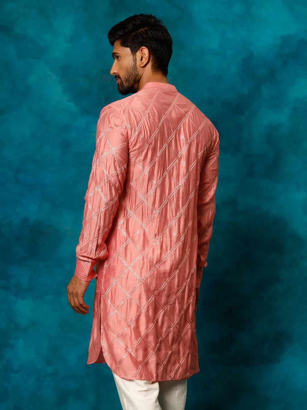 SHRESTHA BY VASTRAMAY Men's Onion Pink Embellished Kurta