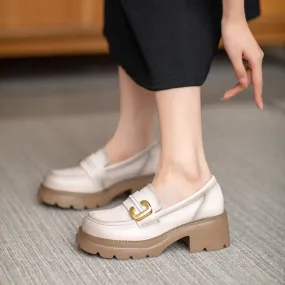 Women Retro Leather Chunky Lug Sole Loafers