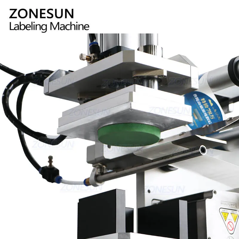 ZONESUN ZS-TB802 Semi-automatic Pneumatic PET Plastic Square Bottle Bucket Caps Paper Boxes Top Side Flat Surface Self Adhesive Sticker Labeling Machine