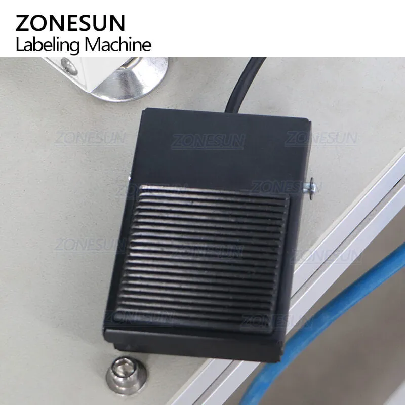 ZONESUN ZS-TB802 Semi-automatic Pneumatic PET Plastic Square Bottle Bucket Caps Paper Boxes Top Side Flat Surface Self Adhesive Sticker Labeling Machine