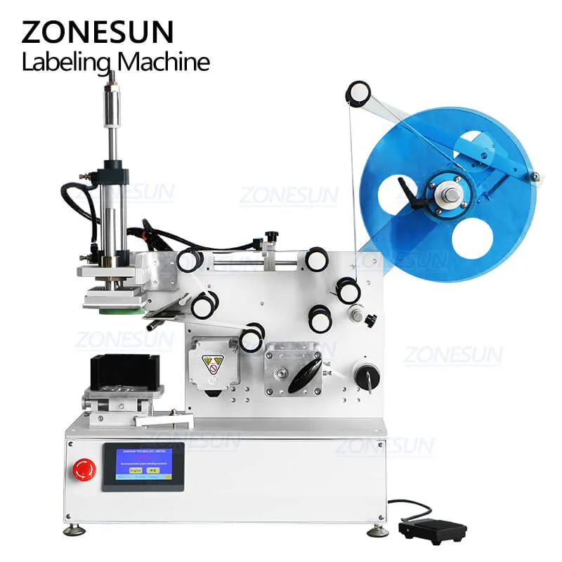 ZONESUN ZS-TB802 Semi-automatic Pneumatic PET Plastic Square Bottle Bucket Caps Paper Boxes Top Side Flat Surface Self Adhesive Sticker Labeling Machine