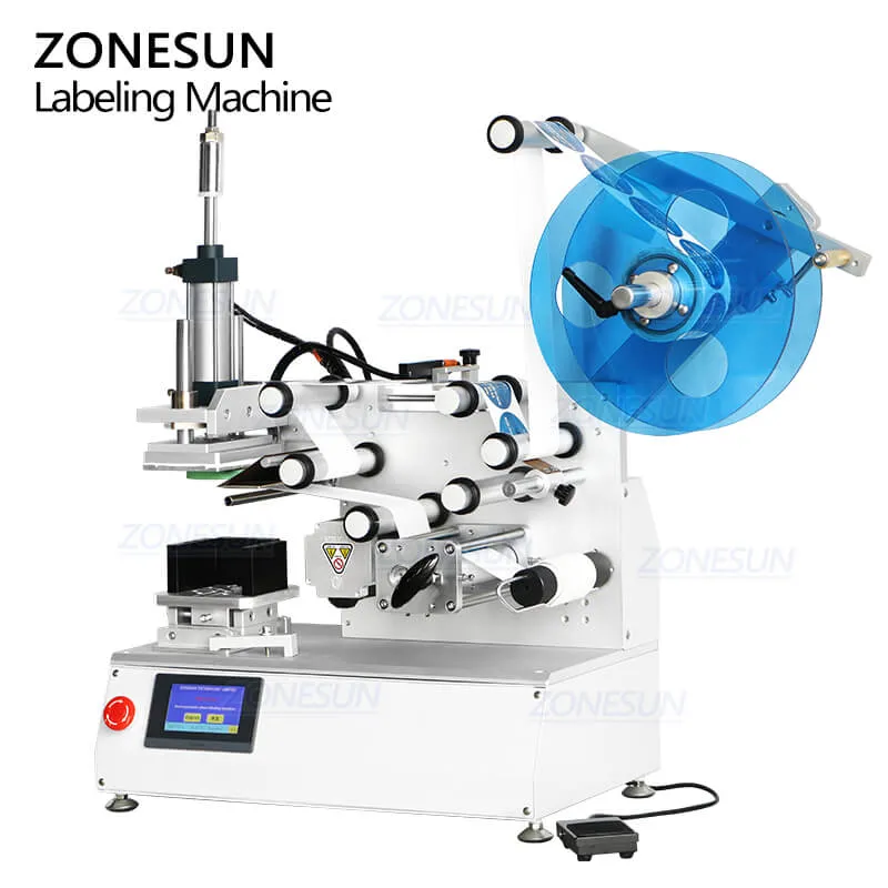 ZONESUN ZS-TB802 Semi-automatic Pneumatic PET Plastic Square Bottle Bucket Caps Paper Boxes Top Side Flat Surface Self Adhesive Sticker Labeling Machine