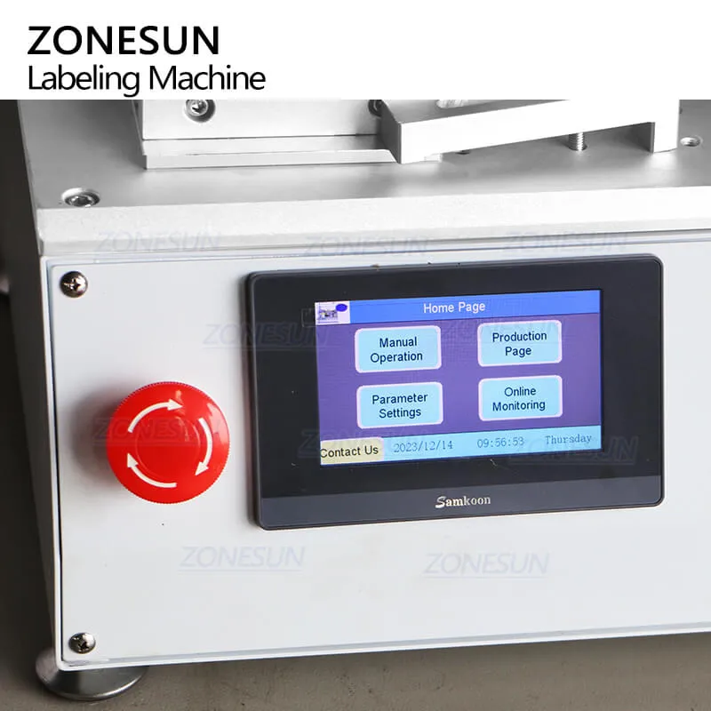 ZONESUN ZS-TB802 Semi-automatic Pneumatic PET Plastic Square Bottle Bucket Caps Paper Boxes Top Side Flat Surface Self Adhesive Sticker Labeling Machine