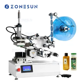 ZONESUN ZS-TB802 Semi-automatic Pneumatic PET Plastic Square Bottle Bucket Caps Paper Boxes Top Side Flat Surface Self Adhesive Sticker Labeling Machine